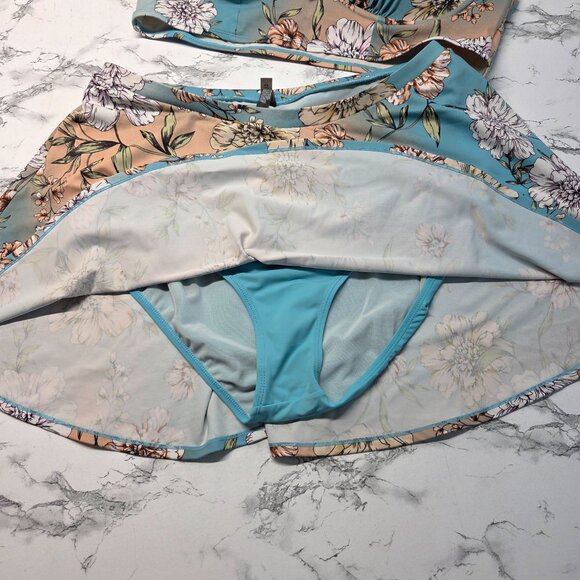 Torrid Peach Blue Floral 2 Piece Bathing Suit Set Underwire Skirt Summer Beach - Picture 3 of 8